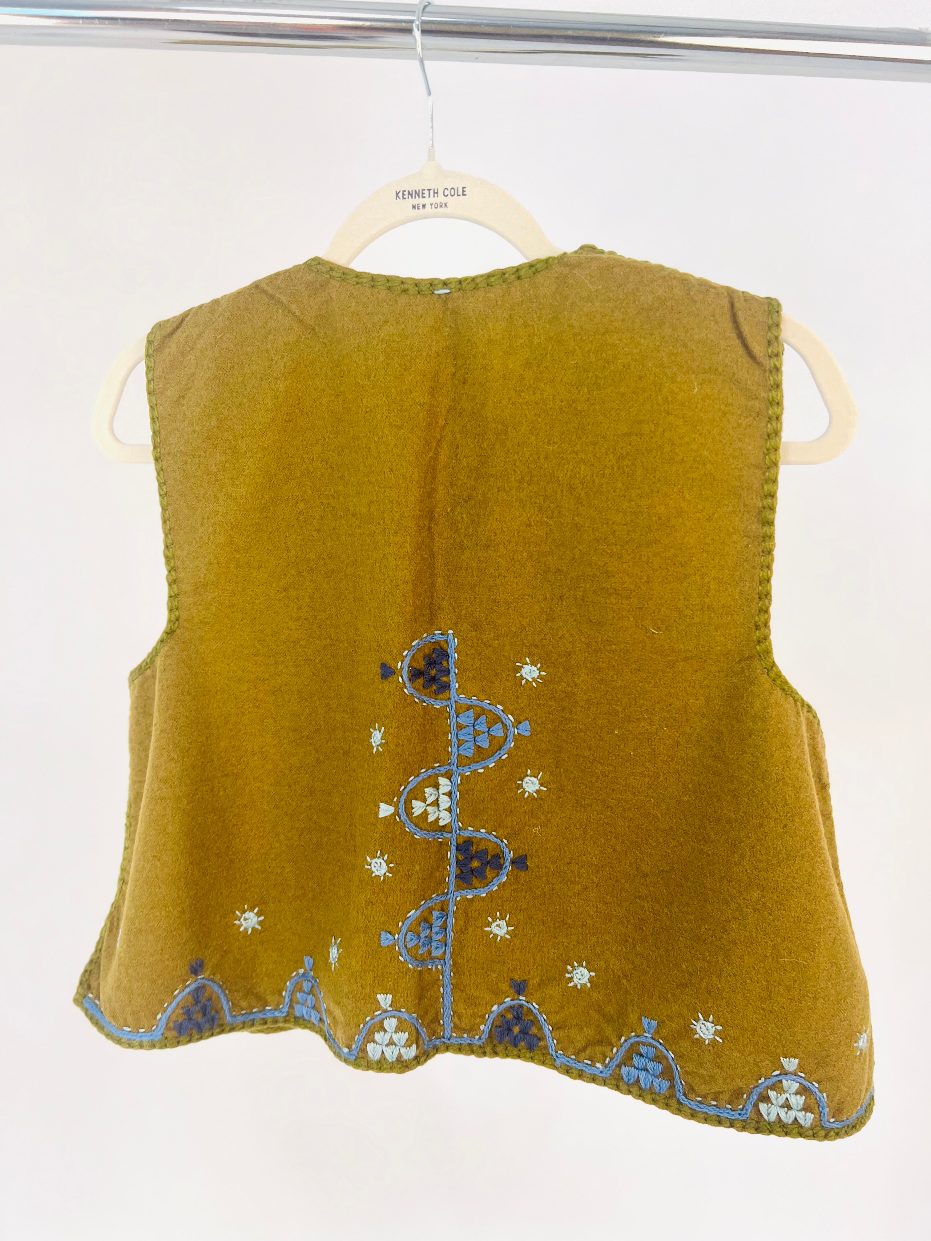 Hand Embroidered Wool Vest - Olive Green