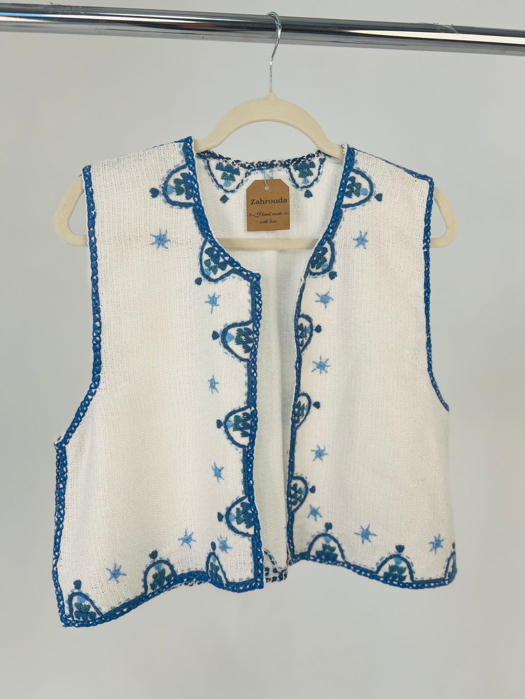 Hand Embroidered Cotton Vest - White and Blue