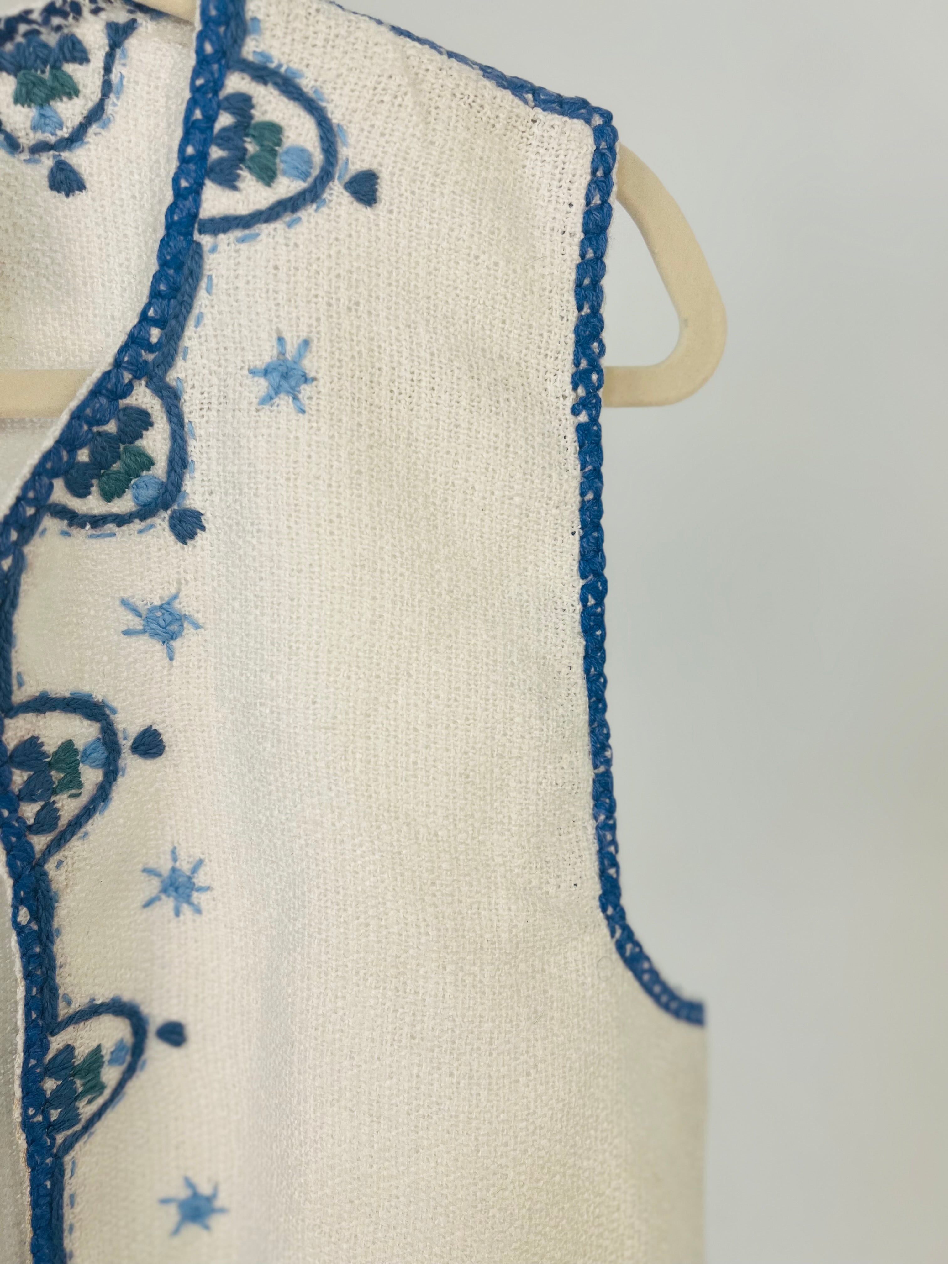 Hand Embroidered Cotton Vest - White and Blue