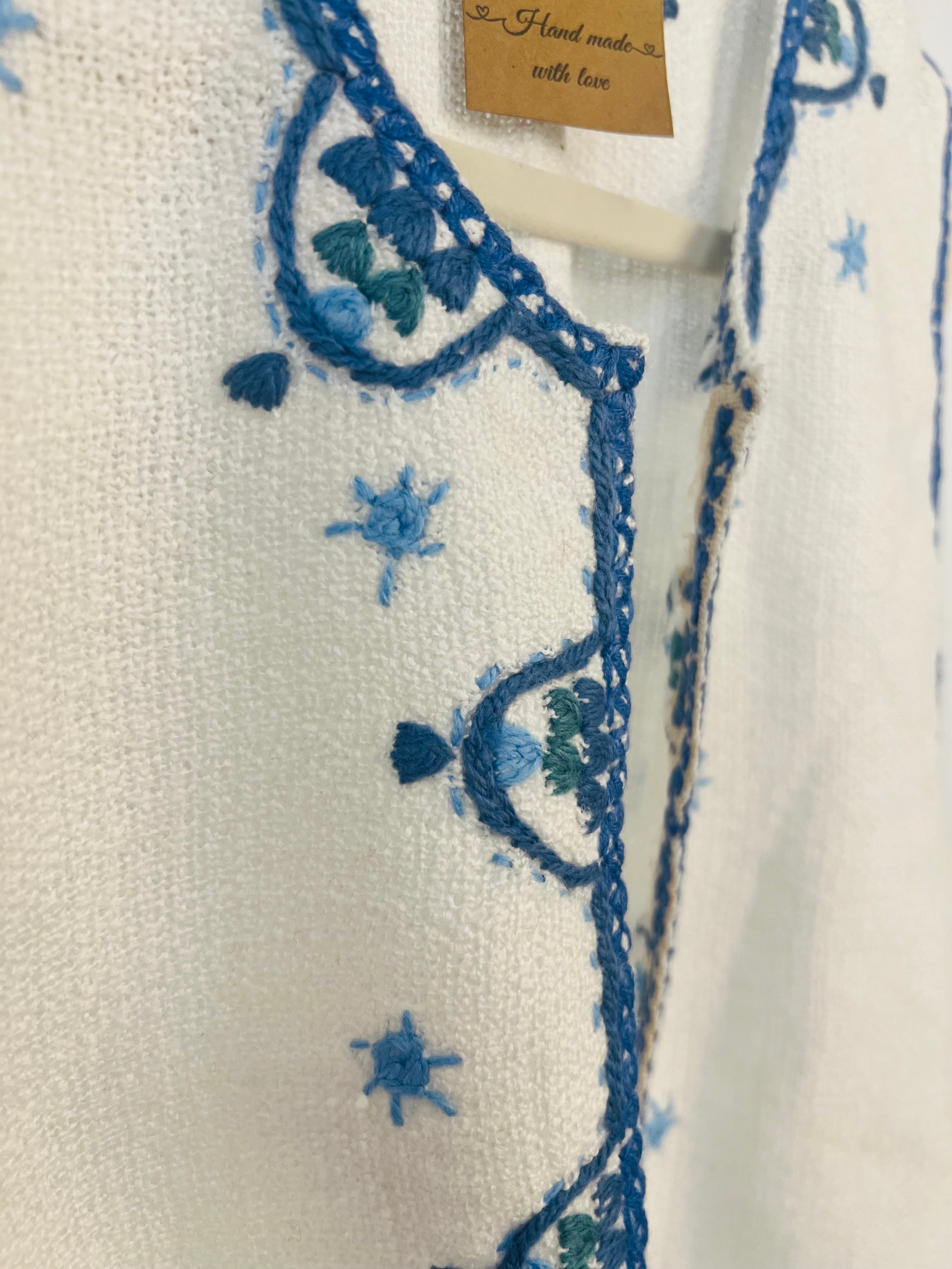 Hand Embroidered Cotton Vest - White and Blue