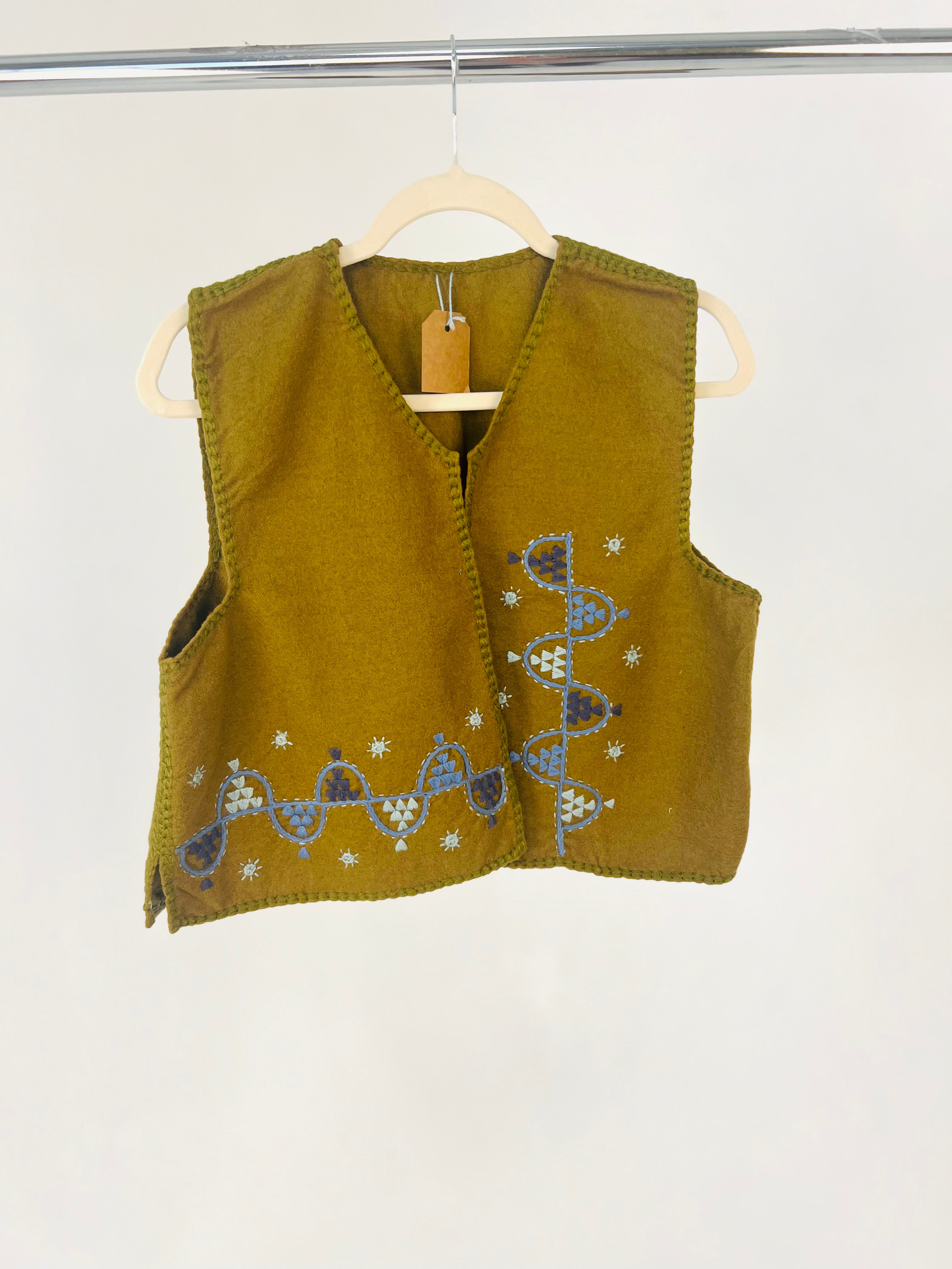 Hand Embroidered Wool Vest - Olive Green
