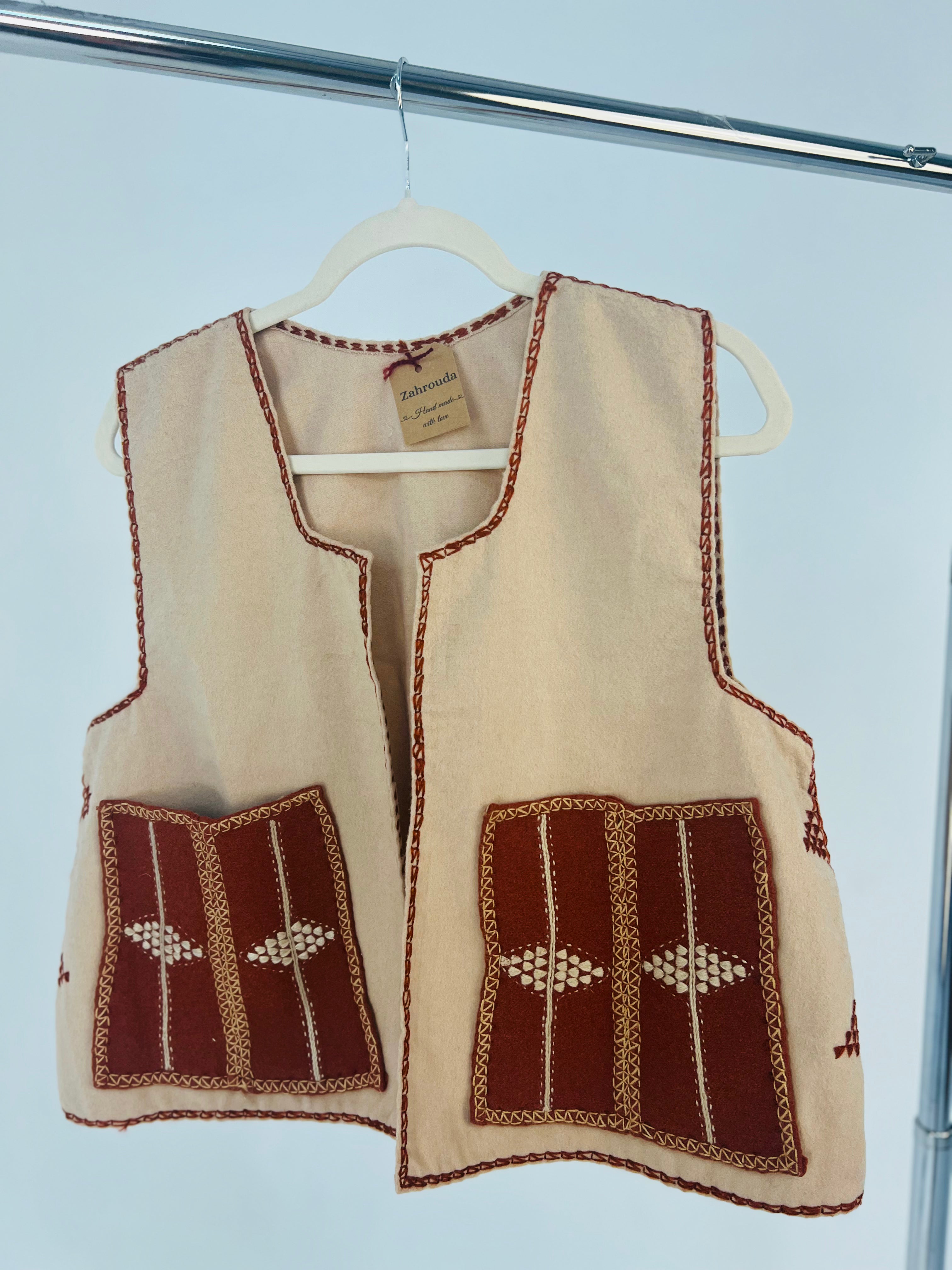 Hand Embroidered Wool Vest - Ivory and Terracotta