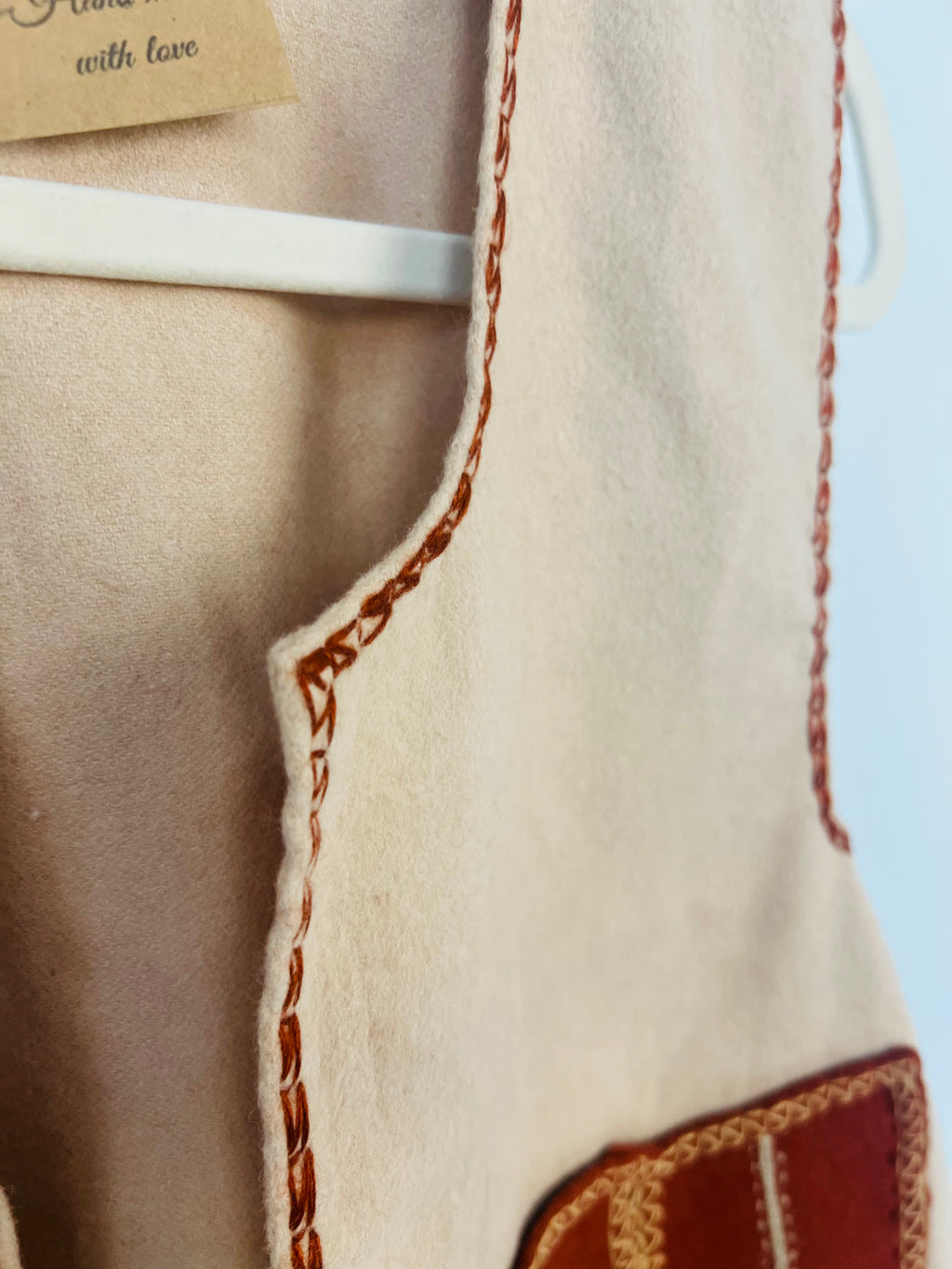 Hand Embroidered Wool Vest - Ivory and Terracotta