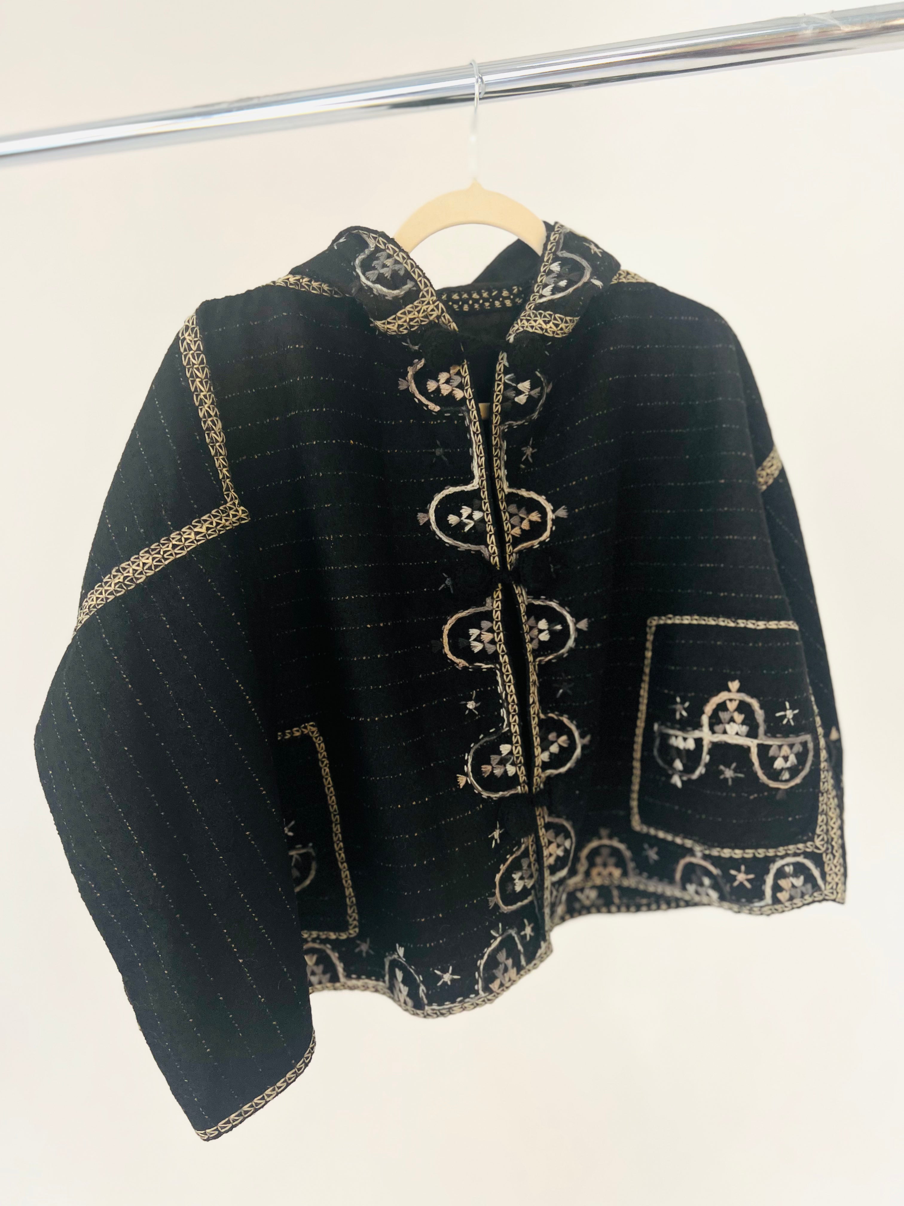 Hand Embroidered Hooded Jacket - Black